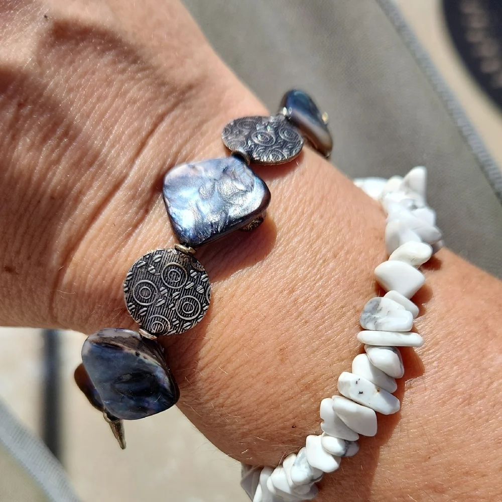 Handmade Oyster Shell & Embossed Spheres Bracelet  Size 7-8